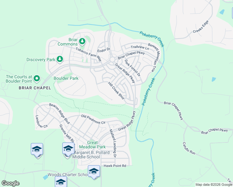 map of restaurants, bars, coffee shops, grocery stores, and more near 165 Hill Creek Boulevard in Chapel Hill