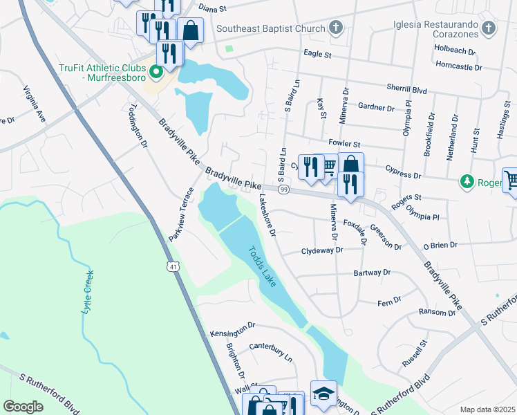 map of restaurants, bars, coffee shops, grocery stores, and more near 1212 Lakeshore Drive in Murfreesboro