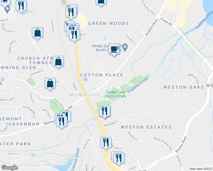 map of restaurants, bars, coffee shops, grocery stores, and more near 1000 Cotulla Drive in Morrisville