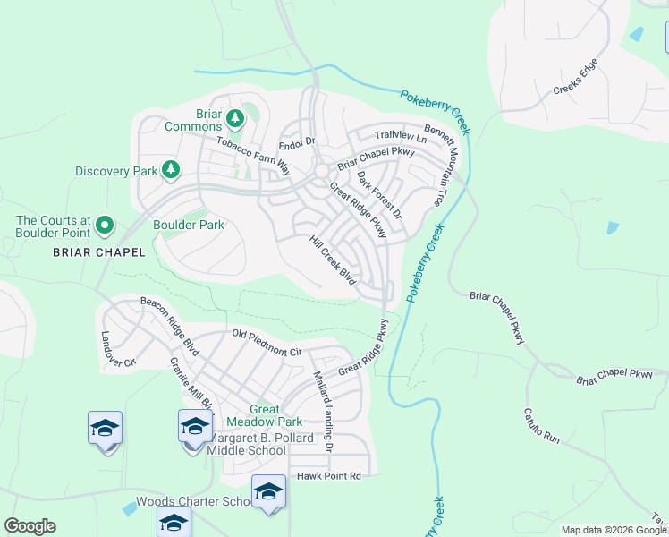 map of restaurants, bars, coffee shops, grocery stores, and more near 165 Hill Creek Boulevard in Chapel Hill