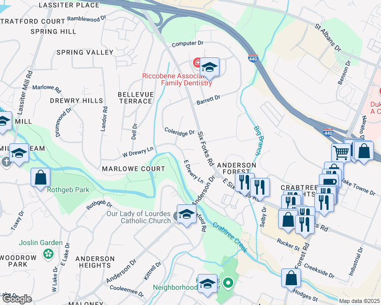 map of restaurants, bars, coffee shops, grocery stores, and more near 106 Byron Place in Raleigh