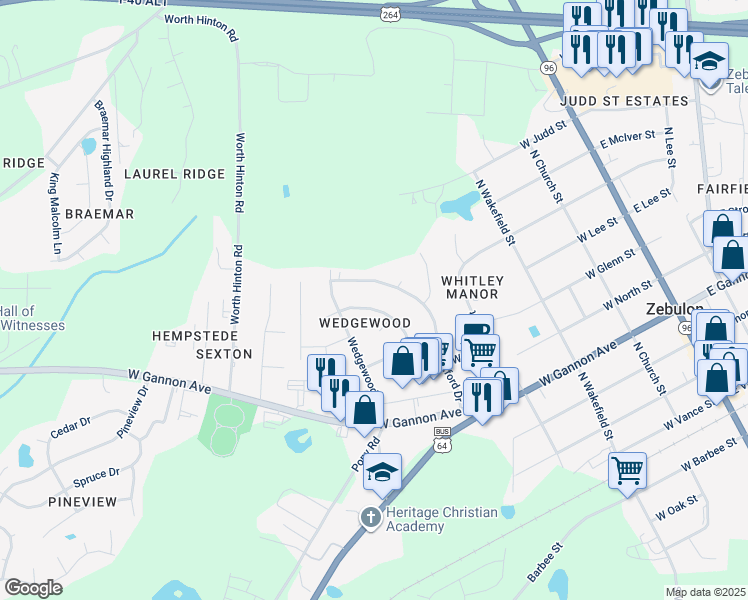 map of restaurants, bars, coffee shops, grocery stores, and more near 516 Somerset Drive in Zebulon