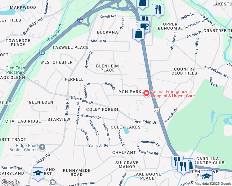 map of restaurants, bars, coffee shops, grocery stores, and more near 3500 Ranlo Drive in Raleigh