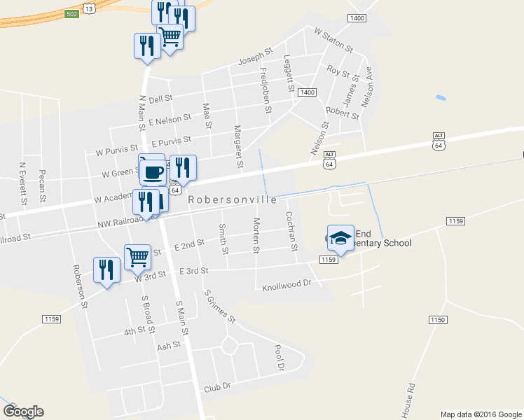 map of restaurants, bars, coffee shops, grocery stores, and more near 102 Morten Street in Robersonville