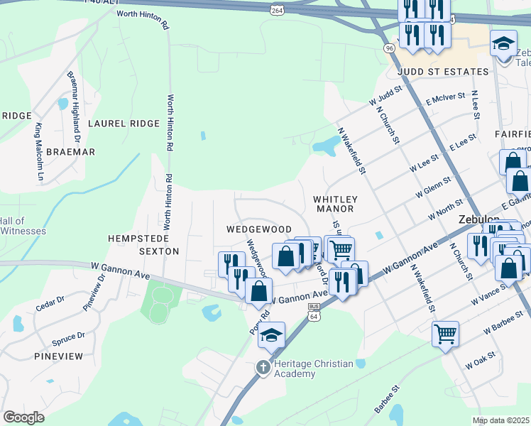 map of restaurants, bars, coffee shops, grocery stores, and more near 516 Somerset Drive in Zebulon