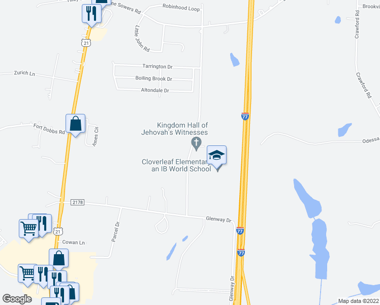 map of restaurants, bars, coffee shops, grocery stores, and more near 100 James Farm Road in Statesville
