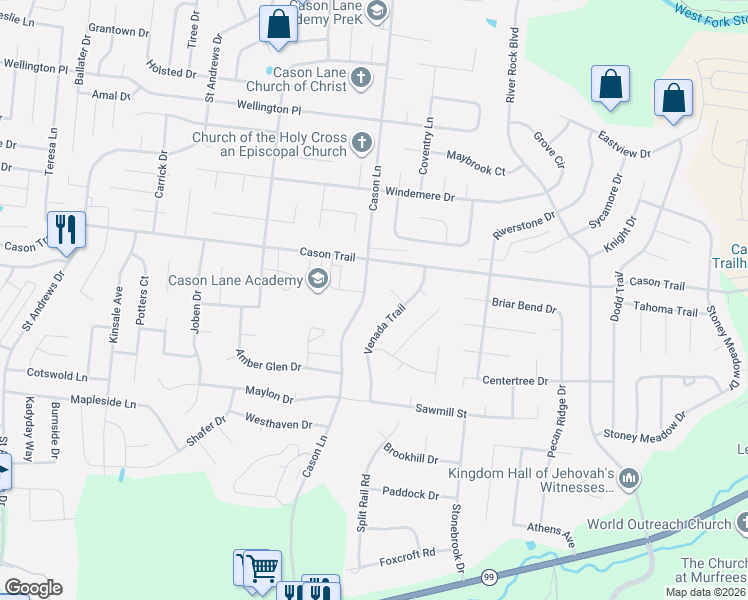 map of restaurants, bars, coffee shops, grocery stores, and more near 1323 Cason Lane in Murfreesboro