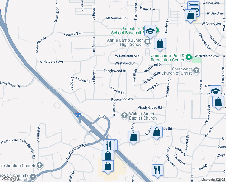 map of restaurants, bars, coffee shops, grocery stores, and more near 2005 Munos Lane in Jonesboro