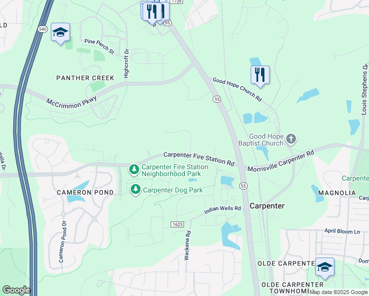 map of restaurants, bars, coffee shops, grocery stores, and more near 7000 Carpenter Fire Station Road in Cary