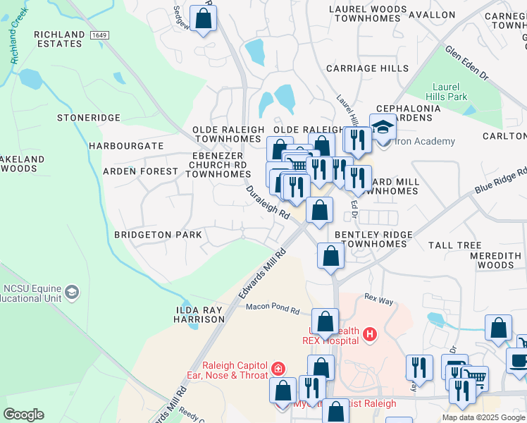 map of restaurants, bars, coffee shops, grocery stores, and more near 3231 Mill Run in Raleigh