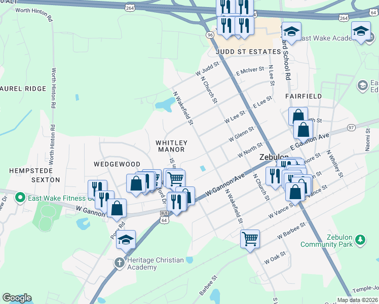 map of restaurants, bars, coffee shops, grocery stores, and more near 410 Parkside Place in Zebulon