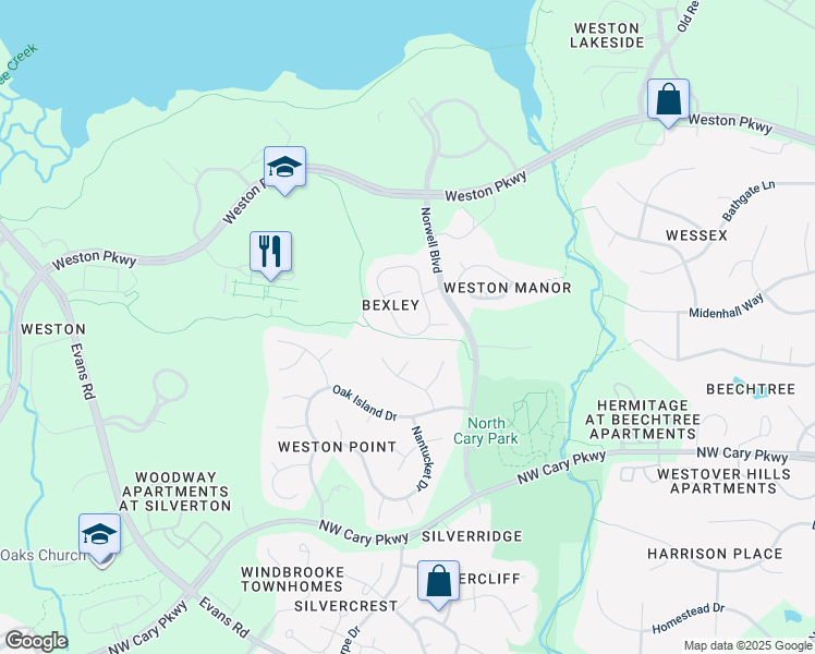map of restaurants, bars, coffee shops, grocery stores, and more near 211 Juliet Circle in Cary
