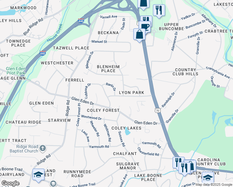 map of restaurants, bars, coffee shops, grocery stores, and more near 3500 Ranlo Drive in Raleigh