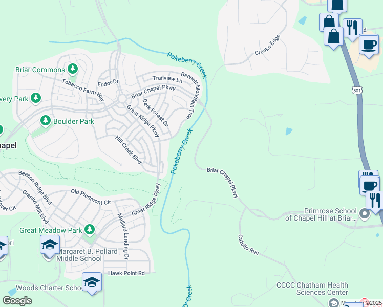map of restaurants, bars, coffee shops, grocery stores, and more near 801 Briar Chapel Parkway in Chapel Hill