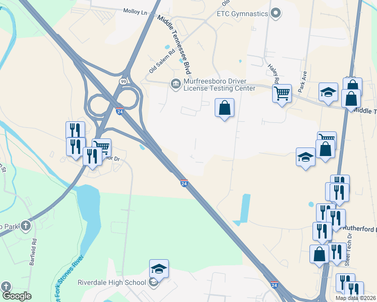 map of restaurants, bars, coffee shops, grocery stores, and more near 1522 Sarah Court in Murfreesboro