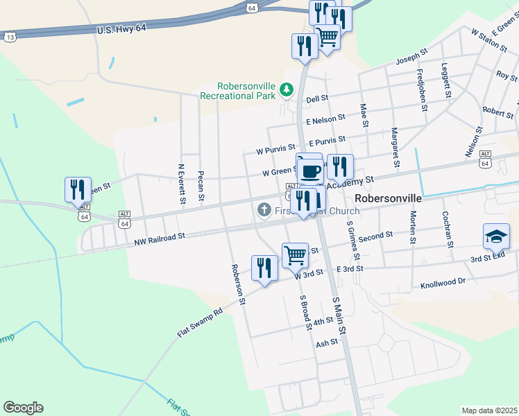 map of restaurants, bars, coffee shops, grocery stores, and more near 101-199 N Outerbridge Rd in Robersonville