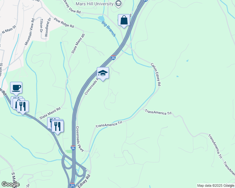 map of restaurants, bars, coffee shops, grocery stores, and more near 37 Valley Drive in Mars Hill
