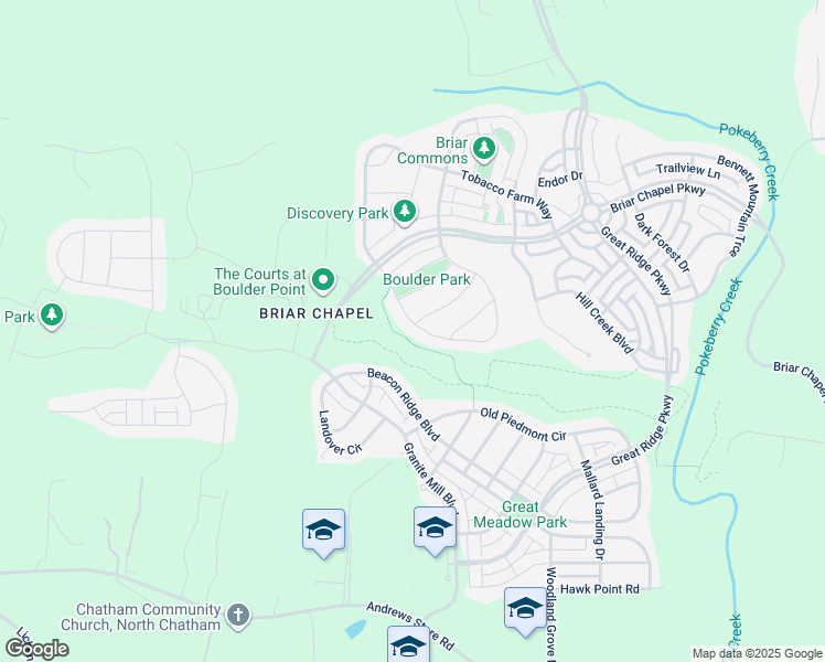 map of restaurants, bars, coffee shops, grocery stores, and more near 485 Wildwind Drive in Chapel Hill