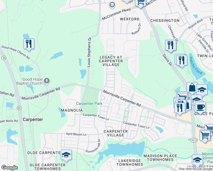 map of restaurants, bars, coffee shops, grocery stores, and more near 214 Frances Green Lane in Cary