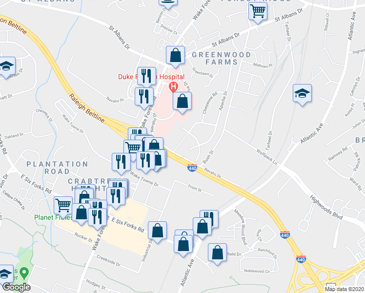 map of restaurants, bars, coffee shops, grocery stores, and more near 3208 Pinecrest Drive in Raleigh
