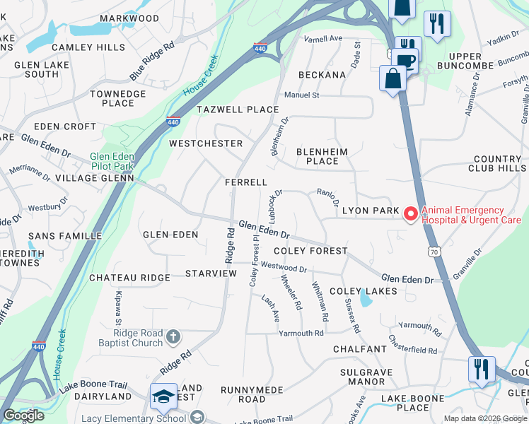 map of restaurants, bars, coffee shops, grocery stores, and more near 3712 Lubbock Drive in Raleigh