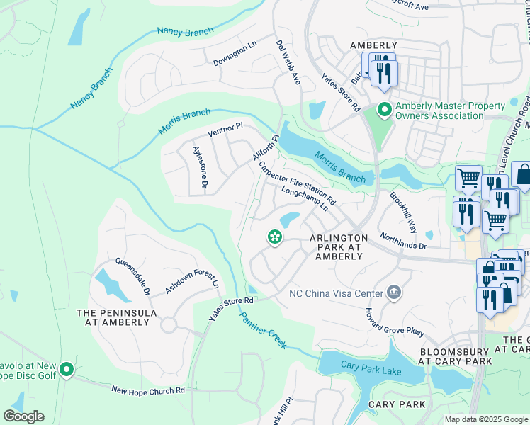 map of restaurants, bars, coffee shops, grocery stores, and more near 1314 Seattle Slew Lane in Cary
