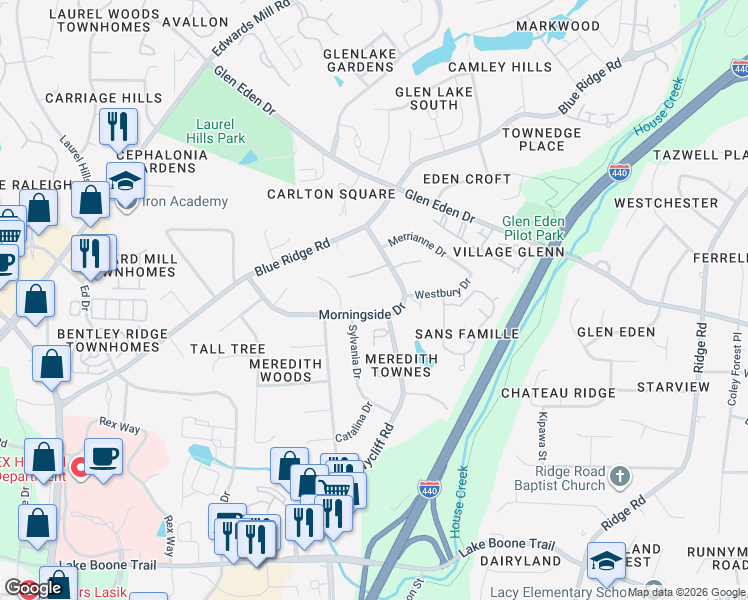 map of restaurants, bars, coffee shops, grocery stores, and more near 3304 Morningside Drive in Raleigh