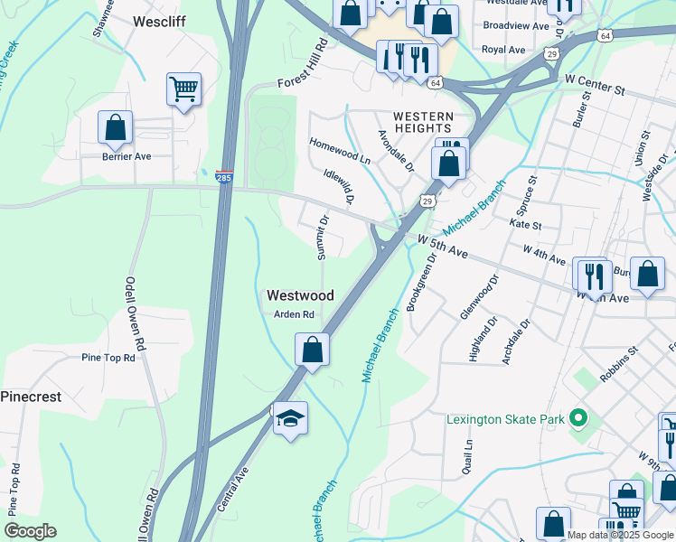 map of restaurants, bars, coffee shops, grocery stores, and more near 611 Summit Drive in Lexington