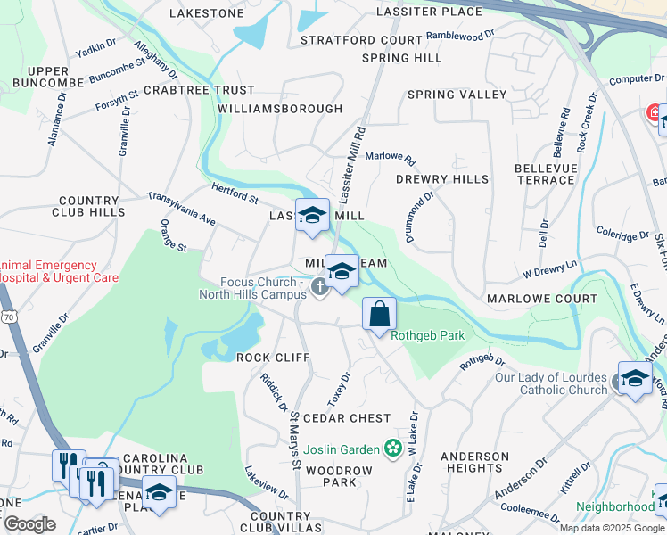 map of restaurants, bars, coffee shops, grocery stores, and more near 3213 Millstream Place in Raleigh