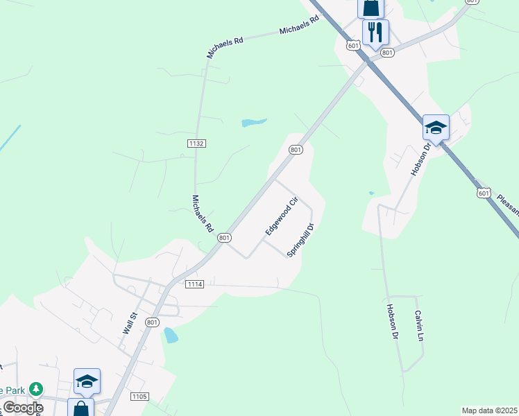 map of restaurants, bars, coffee shops, grocery stores, and more near 184 Edgewood Circle in Mocksville