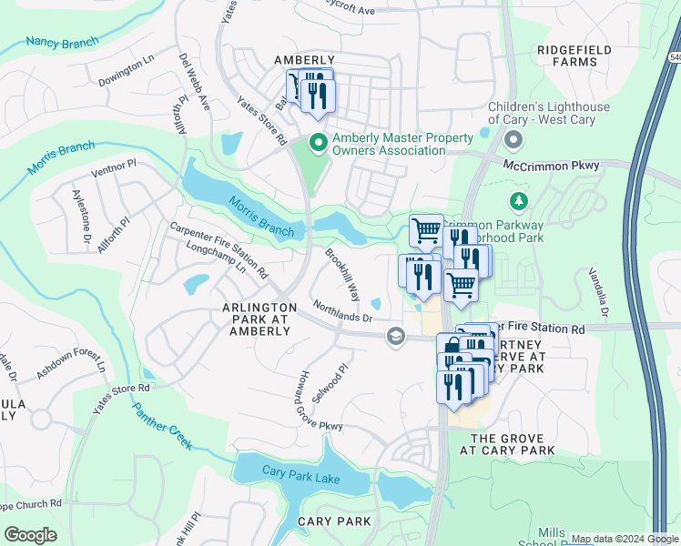 map of restaurants, bars, coffee shops, grocery stores, and more near 1128 Brookhill Way in Cary