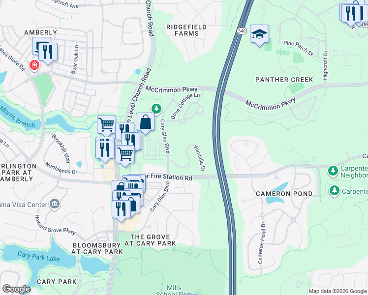 map of restaurants, bars, coffee shops, grocery stores, and more near 885 Vandalia Drive in Cary