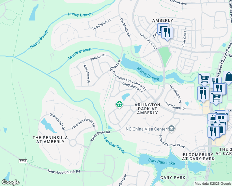 map of restaurants, bars, coffee shops, grocery stores, and more near 1310 Seattle Slew Lane in Cary