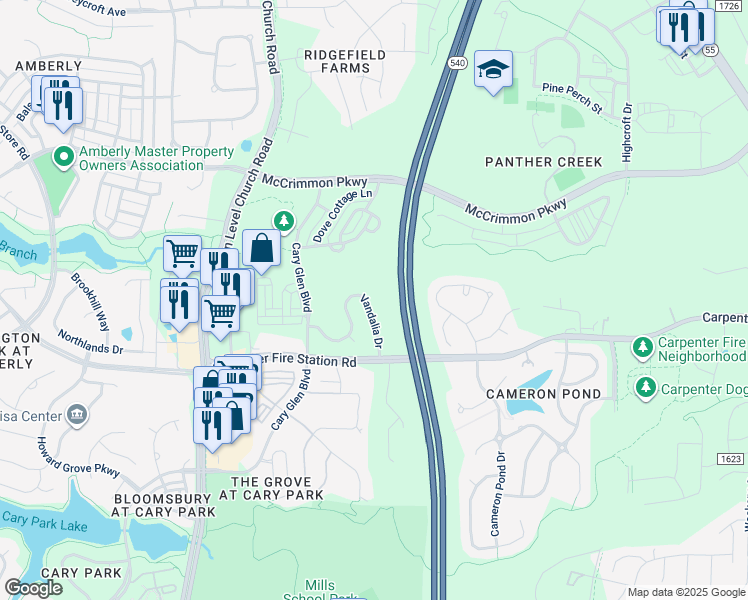 map of restaurants, bars, coffee shops, grocery stores, and more near 917 Vandalia Drive in Cary