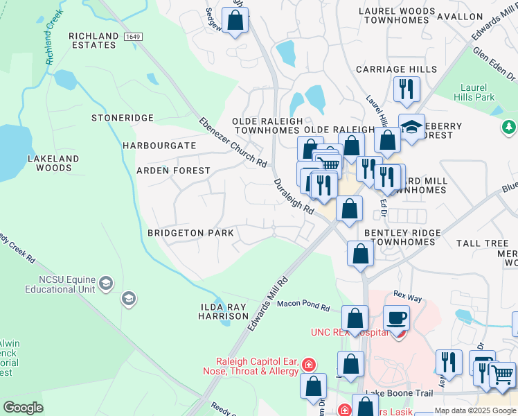 map of restaurants, bars, coffee shops, grocery stores, and more near 3333 Mill Run in Raleigh