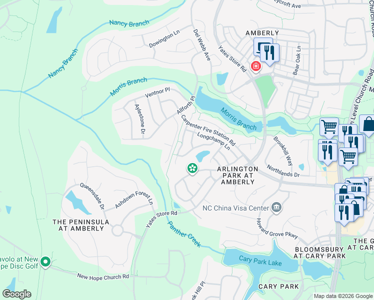 map of restaurants, bars, coffee shops, grocery stores, and more near 1310 Seattle Slew Lane in Cary