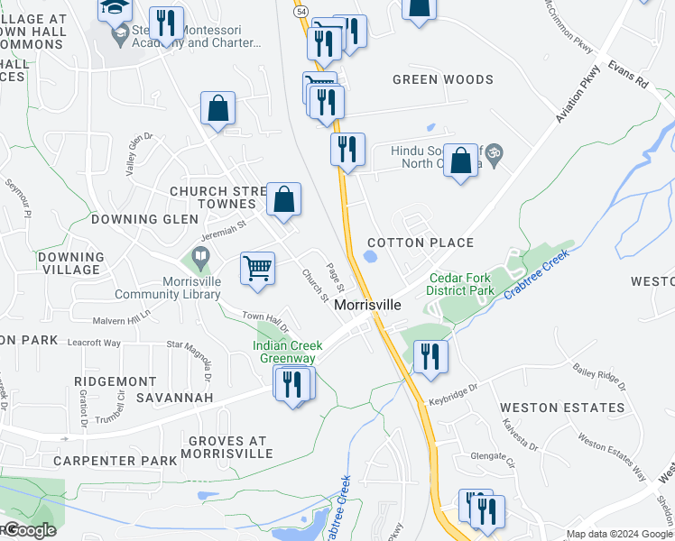 map of restaurants, bars, coffee shops, grocery stores, and more near 312 Page Street in Morrisville