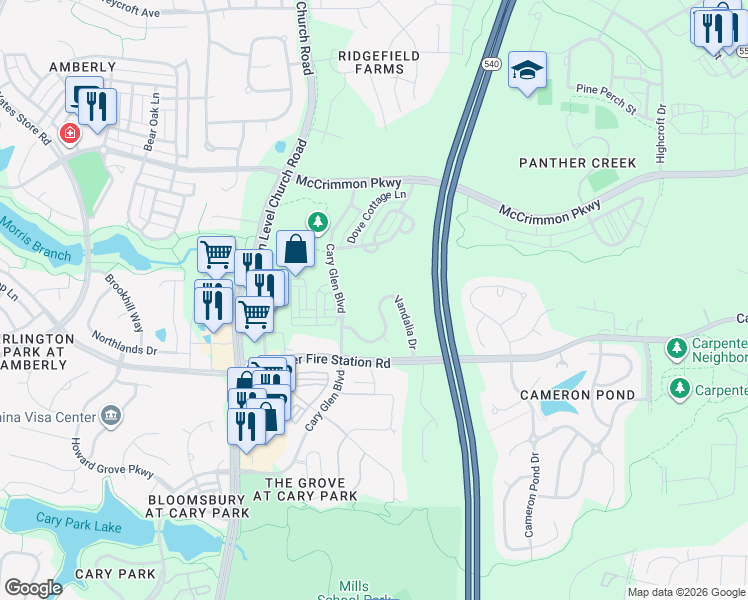 map of restaurants, bars, coffee shops, grocery stores, and more near 885 Vandalia Drive in Cary