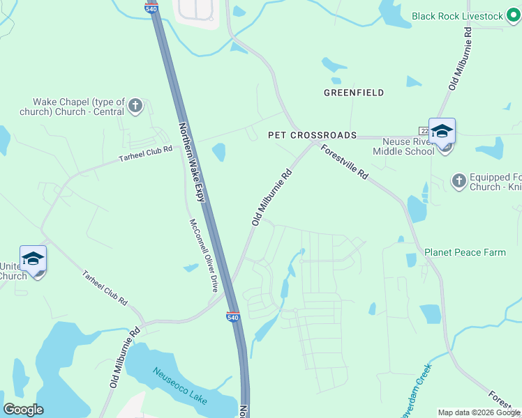 map of restaurants, bars, coffee shops, grocery stores, and more near Old Milburnie Road in Wake County