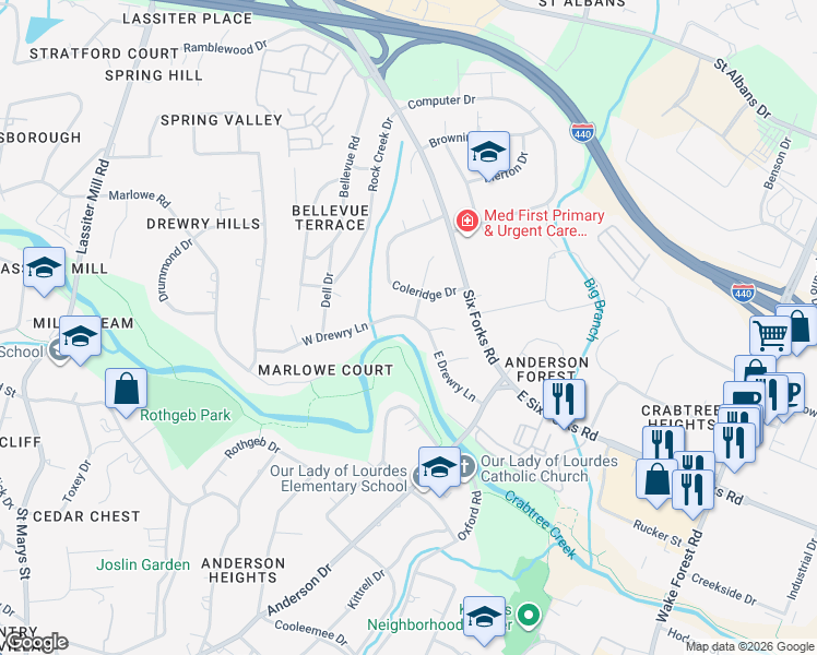 map of restaurants, bars, coffee shops, grocery stores, and more near 107 West Drewry Lane in Raleigh