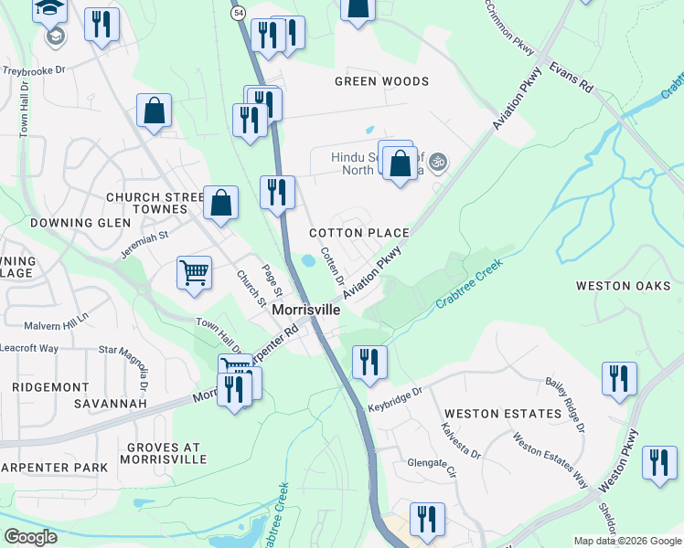 map of restaurants, bars, coffee shops, grocery stores, and more near 701 Liberty Hill Pass in Morrisville