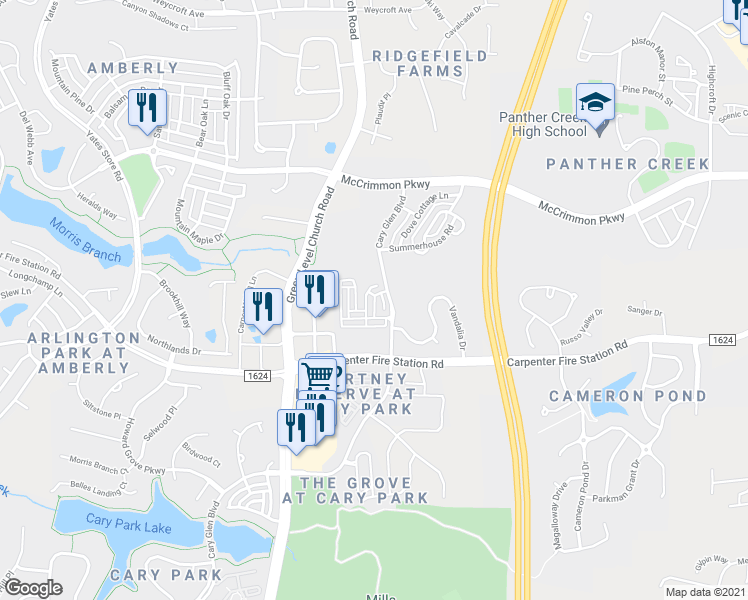 map of restaurants, bars, coffee shops, grocery stores, and more near 827 Carpenter Glenn Drive in Cary