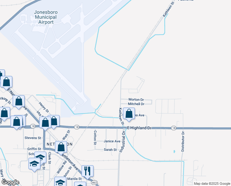 map of restaurants, bars, coffee shops, grocery stores, and more near 1617 Kathleen Street in Jonesboro