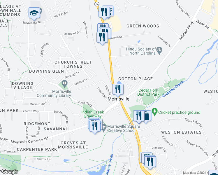 map of restaurants, bars, coffee shops, grocery stores, and more near 312 Page Street in Morrisville