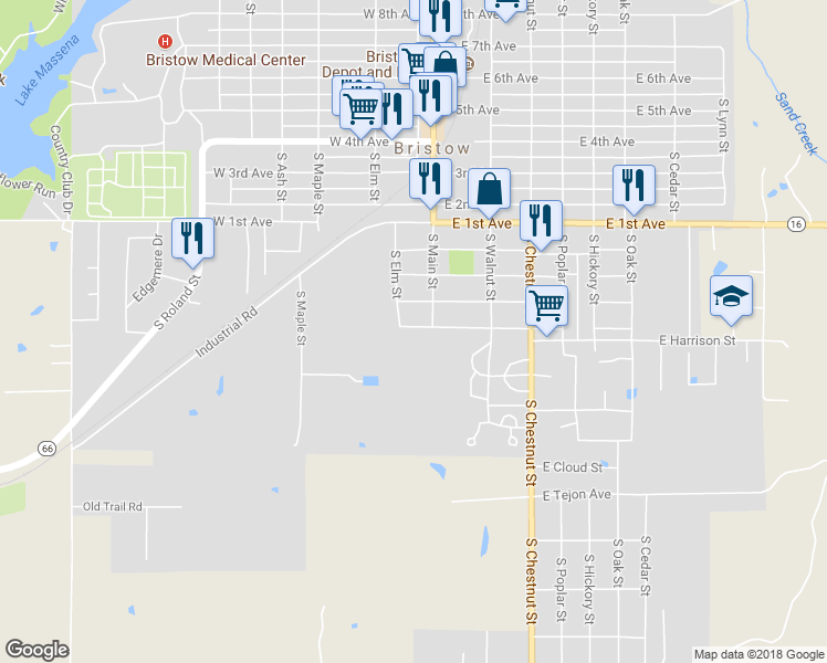 map of restaurants, bars, coffee shops, grocery stores, and more near 900 South Elm Street in Bristow