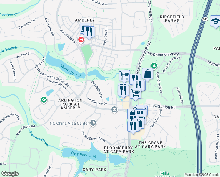 map of restaurants, bars, coffee shops, grocery stores, and more near 1139 Brookhill Way in Cary