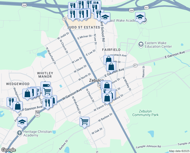 map of restaurants, bars, coffee shops, grocery stores, and more near in Zebulon