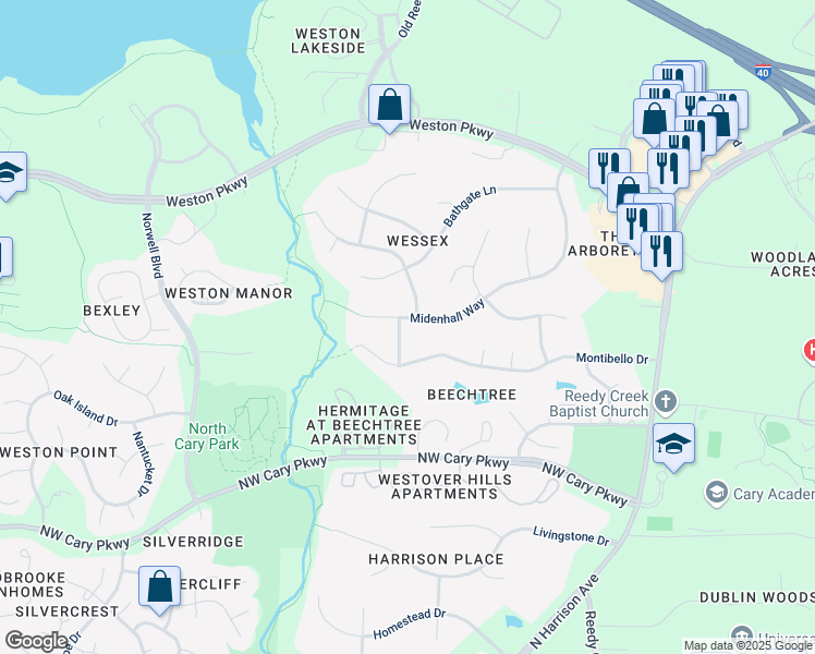 map of restaurants, bars, coffee shops, grocery stores, and more near 417 Midenhall Way in Cary