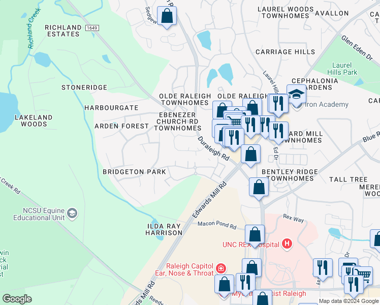 map of restaurants, bars, coffee shops, grocery stores, and more near 3287 Mill Run in Raleigh