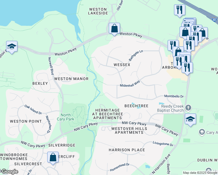 map of restaurants, bars, coffee shops, grocery stores, and more near 505 Midenhall Way in Cary